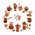 Various types of coffee making. Coffee pots and cups.
